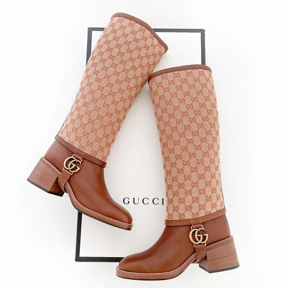 Gucci Lola GG Brown Leather Monogram Knee-High Riding Boots - Picture 2 of 10